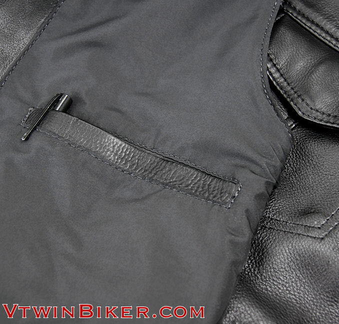 Detail view of the inside pocket on the leather vest. Detail view of the inside pocket on the leather vest.